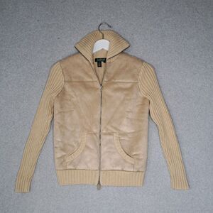 Lauren Ralph Lauren Petite Small Faux Suede Full Zip Sweater Beige Mock Neck